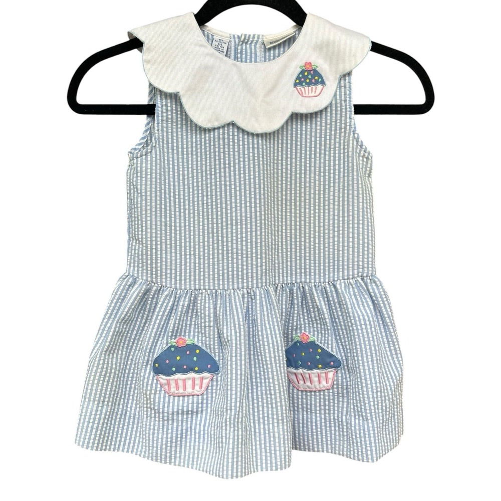 Vintage Seersucker Blue Girls‎ Robinson's Cupcake Dress 4T Collar Birthday Pink